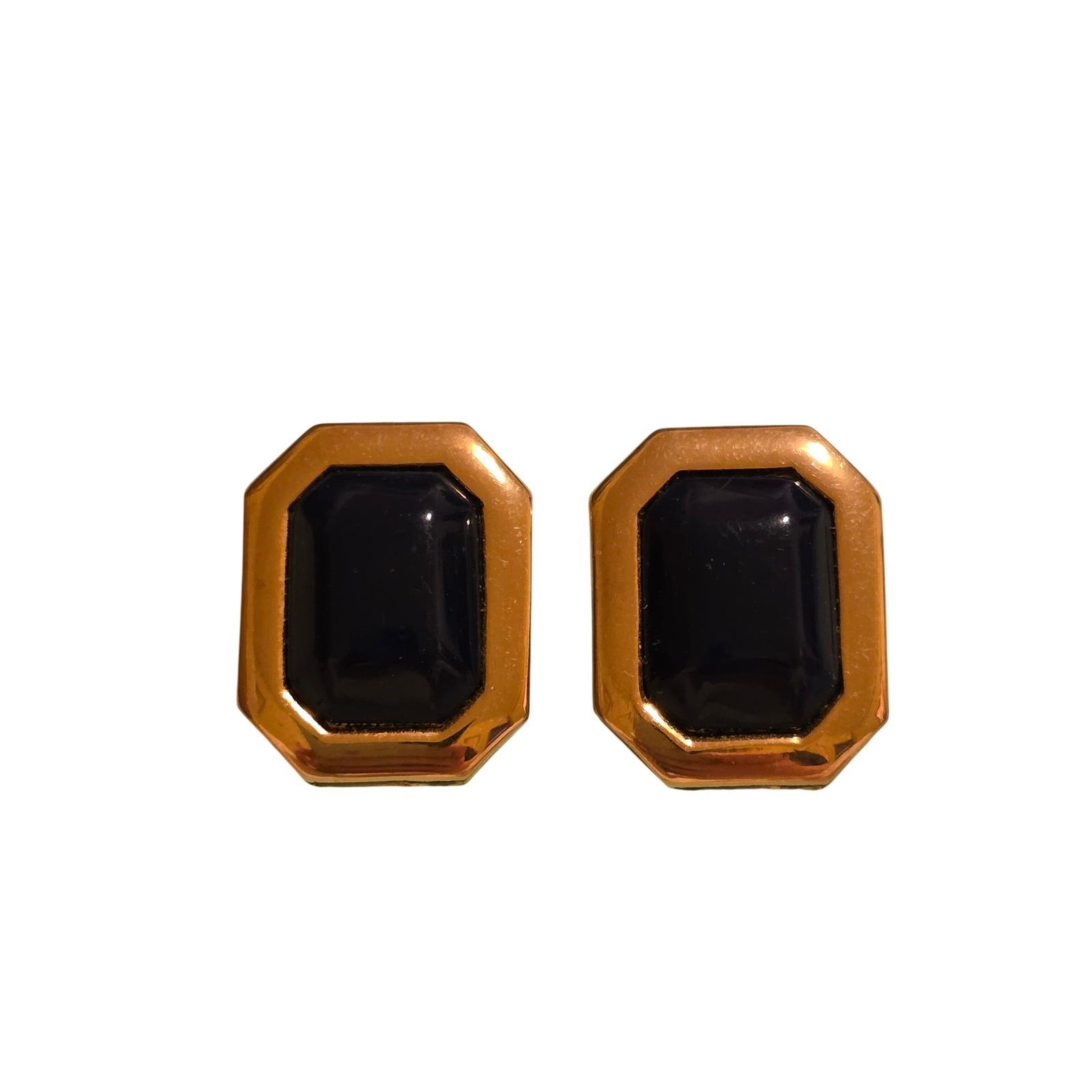 Garcia Johnson Vintage 80s Gold Tone Black Resin Octagon Clip On Earrings